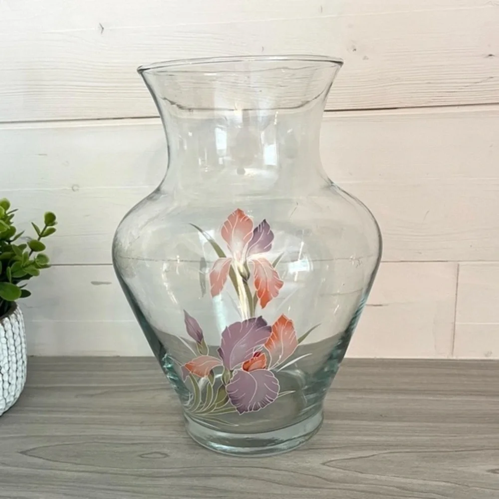 Glass Vase with Iris Design 9.5” Purple and Pink Irises